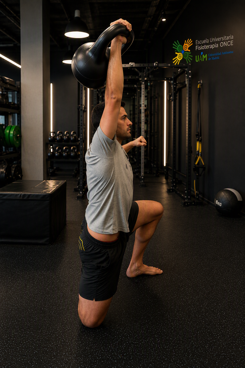Ejercicio de zancada en gimnasio con kettlebell elevada sobre la cabeza