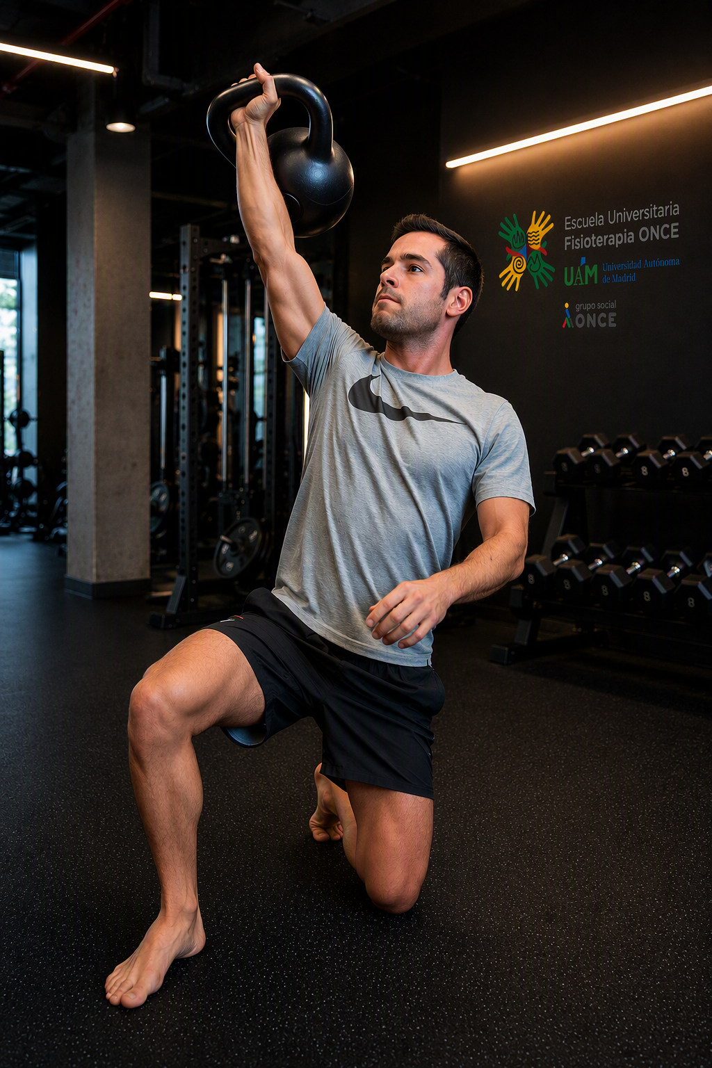 Ejercicio de estabilidad con kettlebell por encima de la cabeza en posición de zancada,