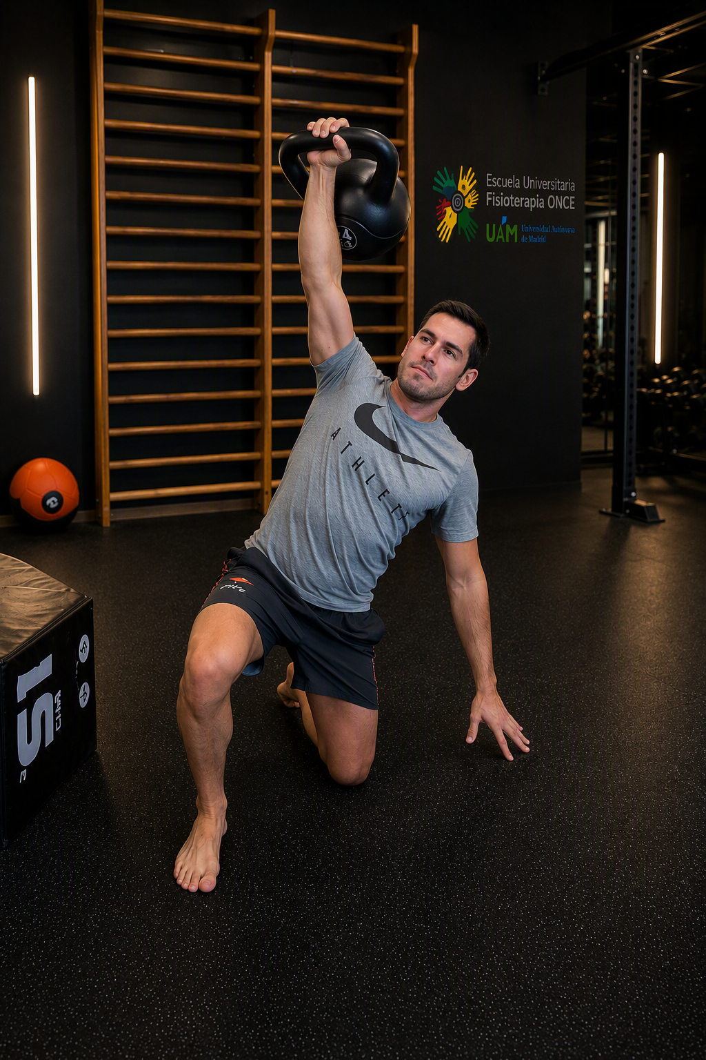 Ejercicio de movilidad y estabilidad con kettlebell en posición elevada