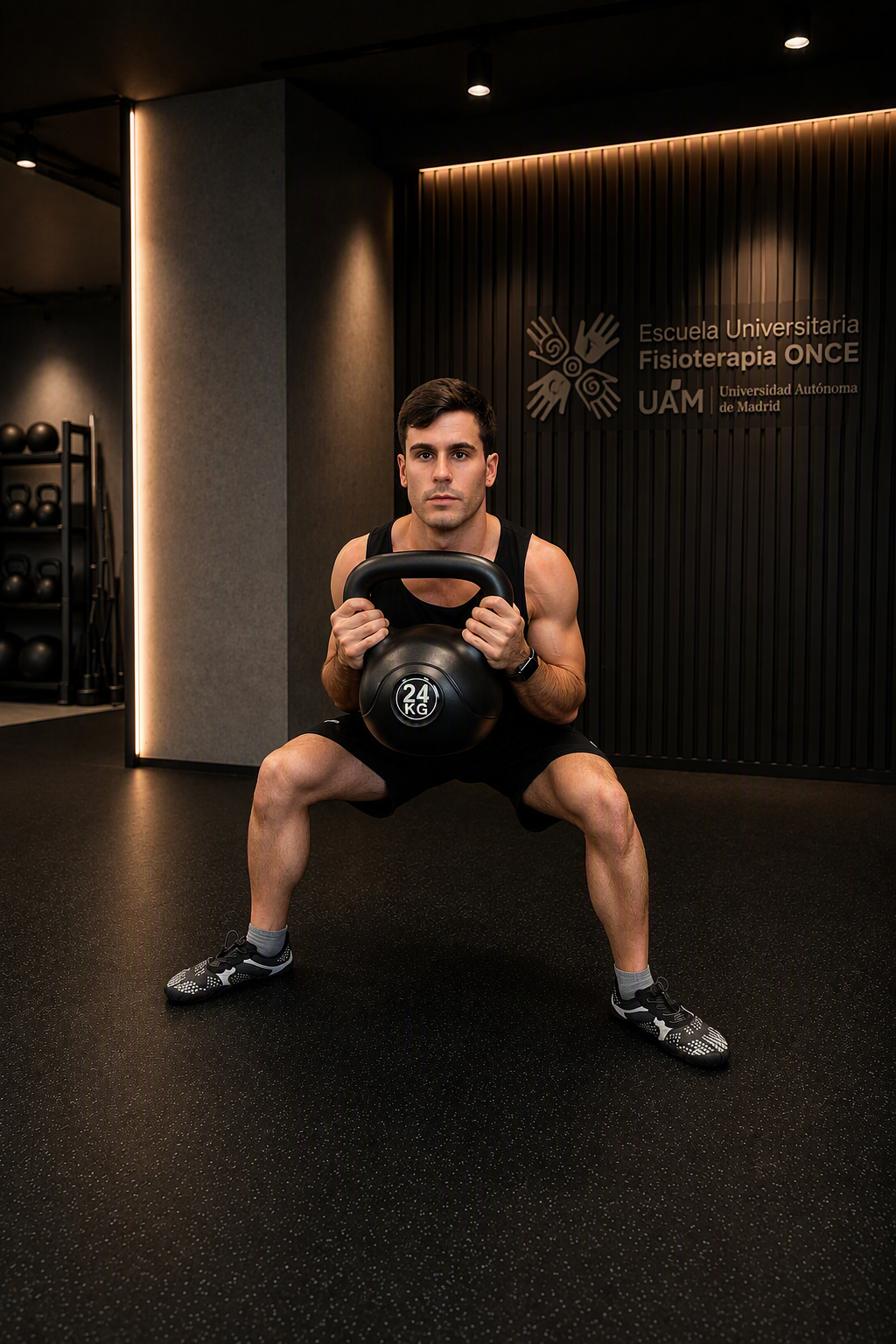 Persona realizando una sentadilla profunda con una kettlebell sostenida frente al pecho